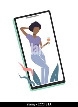 Bonne fille avec un cocktail sur l'écran du téléphone. Concept de fête en ligne, d'anniversaire ou de réunion d'amis. Illustration de l'écran plat du vecteur de mise en quarantaine Illustration de Vecteur