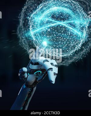Main humanoïde blanche sur fond flou en utilisant le réseau mondial numérique Rendu 3D Banque D'Images