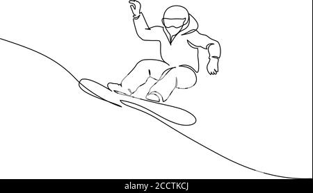 Mise en plan continue d'une ligne. Un jeune snowboardeur fait du snowboard rapide dans une montagne enneigée. Concept de sport touristique. Illustration vectorielle noir sur blanc Illustration de Vecteur