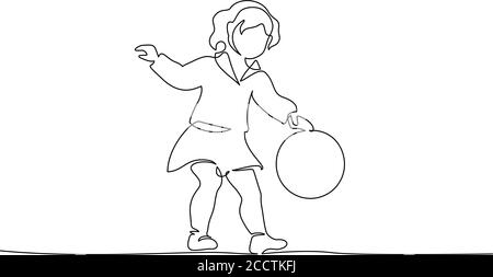 Bébé fille jouant avec le ballon. Dessin d'art continu à une seule ligne. Illustration vectorielle noir sur blanc. Pour l'éducation au dessin animé, l'éducation préscolaire, la maternelle, les enfants et les enfants. Illustration de Vecteur