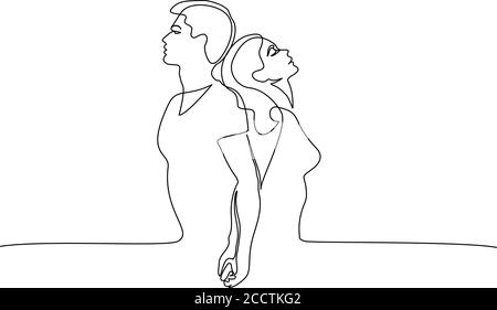 Couple affectueux femme et homme debout dos à dos. Style de mise en plan continu d'un dessin au trait. Esquisse linéaire noire isolée sur fond blanc. Illustration vectorielle Illustration de Vecteur