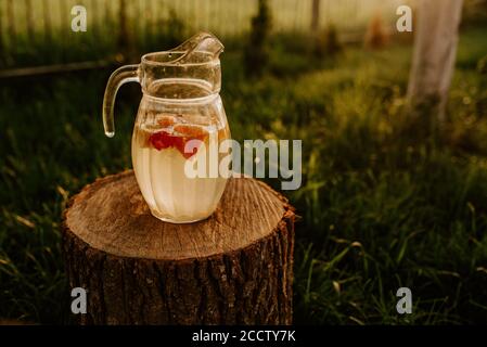 Une verseuse en verre avec limonade et fruits se trouve à l'intérieur sur une souche en bois Banque D'Images