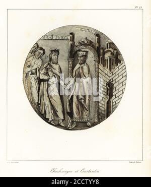 Charlemagne ou Charles le Grand (748-814), roi des Francs, avec Constantine, empereur byzantin. Charlemagne et Constantin. Lithographie teintée par le méchant d'après une illustration d'Horace de Viel-Castel de sa Collection des costumes, armes et meubles pour servir à l'histoire de la France (Collection des costumes, armes et meubles à utiliser dans l'histoire de la France), Teuttel & Wurtz, Bossange, 1827. Banque D'Images