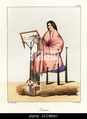 Chantourner au travail avec une douille et un couteau à un bureau, assis sur une chaise avec repose-pieds, 9ème siècle. Ecrivain. Lithographie colorée à la main par le méchant d'après une illustration d'Horace de Viel-Castel de sa Collection des costumes, armes et meubles pour servir à l'histoire de la France (Collection de costumes, armes et meubles à utiliser dans l'histoire de la France), Teuttel & Wurtz, Bossange, 1827. Banque D'Images