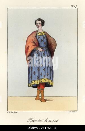 Femme en manteau et tunique, tuyau et bottes, 9ème siècle. D'après le manuscrit illuminé 510 de Gregory de Nazianzus. Figure tiree du MS 510. Lithographie colorée à la main par le méchant d'après une illustration d'Horace de Viel-Castel de sa Collection des costumes, armes et meubles pour servir à l'histoire de la France (Collection de costumes, armes et meubles à utiliser dans l'histoire de la France), Teuttel & Wurtz, Bossange, 1827. Banque D'Images