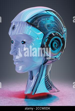 Intelligence artificielle de la tête Cyborg isolée sur fond bleu rendu 3D Banque D'Images