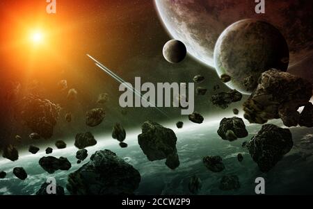 Vue d'un lever de soleil sur un système de planète éloigné dans espace Banque D'Images
