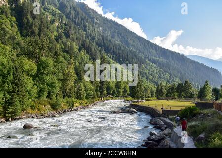 Srinagar, Inde. 24 août 2020. Les résidents marchent sur les rives de la rivière pendant une journée chaude et ensoleillée à la périphérie de Srinagar. Crédit : SOPA Images Limited/Alamy Live News Banque D'Images