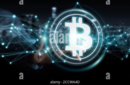 Homme d'affaires sur un arrière-plan flou en utilisant le rendu 3D de crypto-monnaie bitcoins Banque D'Images