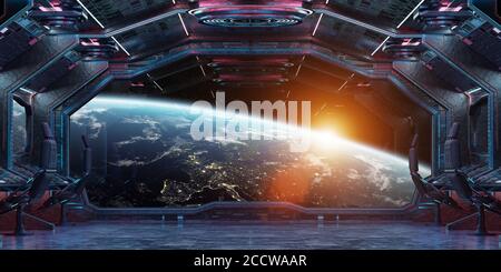 Grunge Spaceship intérieur bleu et rose avec vue sur la planète Éléments de rendu 3D de la terre de cette image fournie par la NASA Banque D'Images