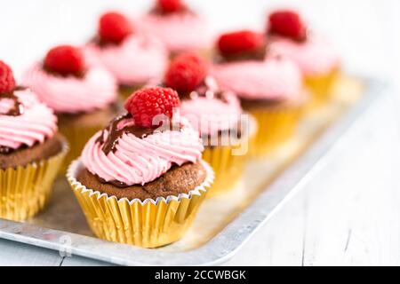 Des cupcakes au chocolat gourmets, arrosés de ganache au chocolat et recouverts d'une framboise fraîche. Banque D'Images