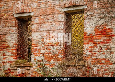 Ancienne maison en pierre abandonnée dans la forêt d'automne. Les ruines d'un ancien bâtiment Banque D'Images