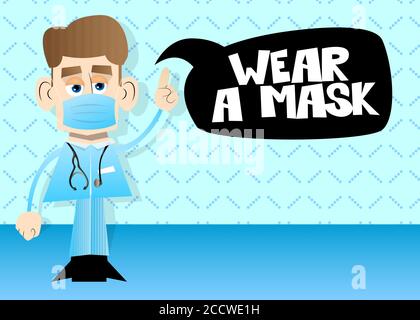 Caricature médecin portant un masque et demandant à porter un avec du texte et de la bulle de la parole. Illustration vectorielle. Illustration de Vecteur