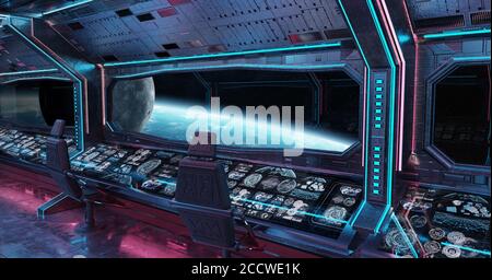 Grunge Spaceship intérieur bleu et rose avec vue sur la planète Éléments de rendu 3D de la terre de cette image fournie par la NASA Banque D'Images