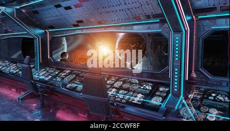 Grunge Spaceship intérieur bleu et rose avec vue sur la distance Système de planètes éléments de rendu 3D de cette image fournis par NASA Banque D'Images