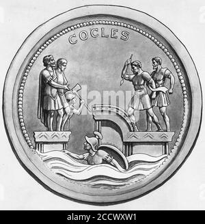 Demi-ton de Publius Horatius Cocles, un officier dans l'armée de la République romaine ancienne qui a défendu les Pons Sublicius de l'armée d'invasion du roi étrusque Lars Porsena de Clusium à la fin du 6ème siècle av. J.-C., pendant la guerre entre Rome et Clusium. D'une série d'affiches scolaires pour l'histoire et les études sociales c 1930 Banque D'Images