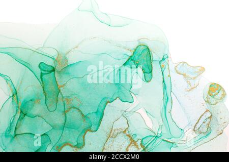 Encre d'alcool fond abstrait or et vert. Illustration des taches de peinture dorée. Banque D'Images