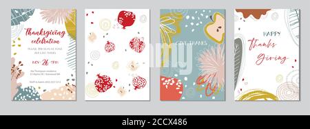 Cartes de vœux et invitations de Thanksgiving. Motifs abstraits tendance avec éléments de feuilles, fleurs et fruits. Grenade et pommes. Vecteur illustrat Illustration de Vecteur