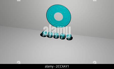 Icône 3D Donut sur le mur et texte des alphabets cubes sur le sol, illustration 3D Banque D'Images