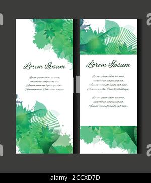 Ensemble de modèles de blancs verticaux avec feuilles vertes, aquarelle pulvérisée et place pour le texte. Bannières verticales, dépliants, bons. Elément pour votre de Illustration de Vecteur