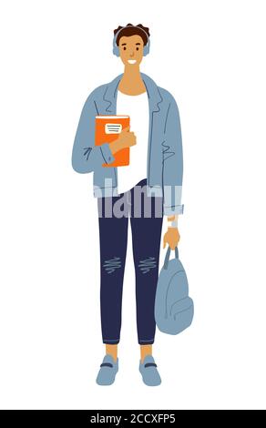 Écoliers moderne en vêtements et écouteurs décontractés, étudiant avec des livres et un sac à dos. Personnage masculin debout en Jean et sweat-shirt, dessin animé. Illustration vectorielle plate isolée sur fond blanc Illustration de Vecteur