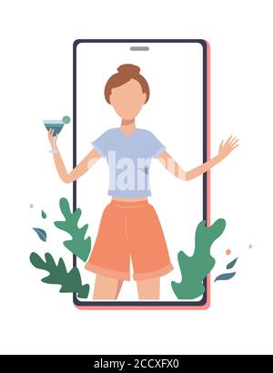 Bonne fille avec un cocktail sur l'écran du téléphone. Concept de fête en ligne, d'anniversaire ou de réunion d'amis. Illustration de l'écran plat du vecteur de mise en quarantaine Illustration de Vecteur