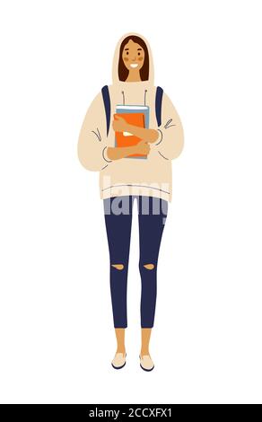 Jeune fille moderne étudiant debout avec sac à dos et des livres. Personnage féminin à motif vectoriel plat en sweat à capuche et Jean mode. Retour à l'école. Illustration de l'article plat Illustration de Vecteur