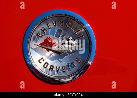 Oldtimer Chevrolet Corvette C1, année de construction 1959, capacité 5700 ccm, moteur V-8, puissance 300 ch, logo de la société détail, Autriche Banque D'Images