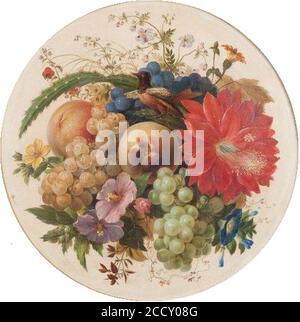 Johann Wilhelm Preyer - Stillleben mit Blumen Vögeln und Obst. Banque D'Images