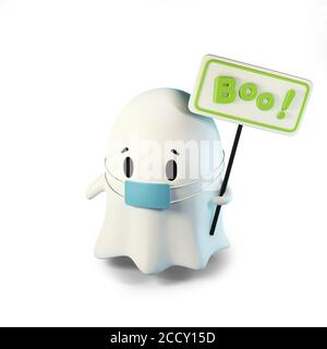 Illustration de rendu 3D de cute friendly Ghost dans un masque médical. Avec une inscription sur le panneau Boo isolé sur blanc Banque D'Images