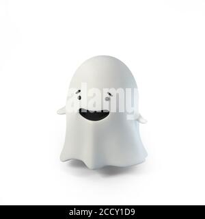 Illustration du rendu 3D de cute friendly Ghost sur fond blanc isolé. Bonne bannière Halloween ou invitation à une fête Banque D'Images