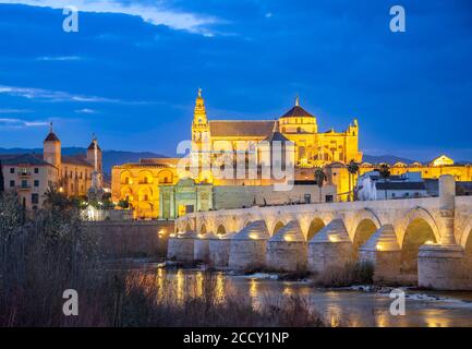 Puente Romano illuminé, pont romain sur Rio Guadalquivir, à l'arrière Mezquita, Catedral de Cordoba, heure bleue, Cordoue, Andalousie, Espagne Banque D'Images