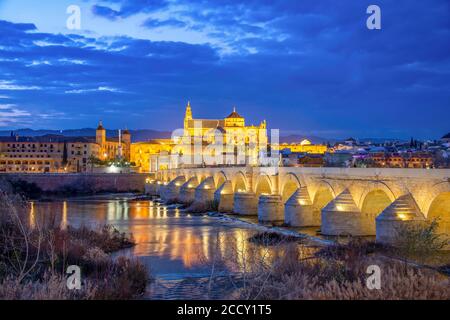 Puente Romano illuminé, pont romain sur Rio Guadalquivir, à l'arrière Mezquita, Catedral de Cordoba, heure bleue, Cordoue, Andalousie, Espagne Banque D'Images