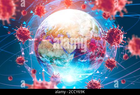 Grippe asiatique ncov coronavirus sur Terre fond et son hologramme flou. Concept de la recherche de guérison et de la propagation de la maladie. rendu 3d de l'image en tons. Banque D'Images