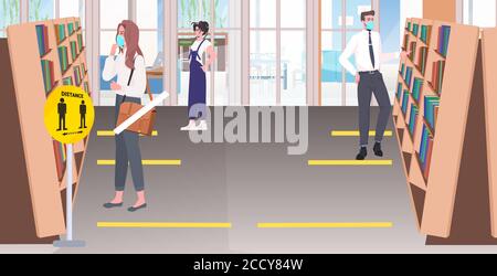 les gens dans les masques gardant la bibliothèque de distance avec des signes pour social autocollants jaunes distanciant mesures de protection contre les épidémies de coronavirus horizontal pleine longueur illustration vectorielle Illustration de Vecteur