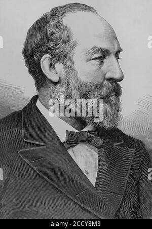 James Abram Garfield (1831-1881) vingtième président des États-Unis. Membre du Parti républicain. Portrait. Illustration par Badillo. Gravure par Arturo Carretero (1852-1903). La Ilustracion Española y Americana, 1881. Banque D'Images