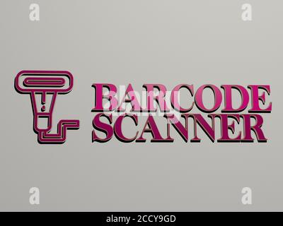 Icône DU LECTEUR DE CODES-BARRES et texte sur le mur, illustration 3D Banque D'Images