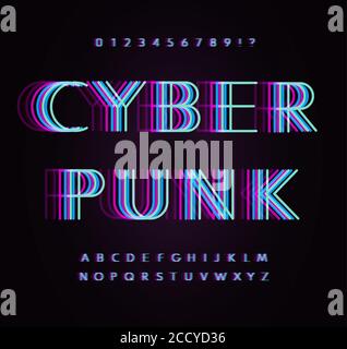 Jeu de lettres et de chiffres indésirables. Superposer les couleurs de fluorescence à l'alphabet de style ligne. Polices vectorielles originales pour affiches LED, publicités numériques Illustration de Vecteur