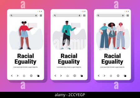 définir les militants du peuple afro-américain en tenant des pancartes vierges pour l'égalité raciale justice sociale arrêter la discrimination concept smartphone écrans collection copier espace illustration vectorielle pleine longueur Illustration de Vecteur