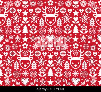 Noël mignon scandinave folk art vector rouge sans couture motif, répétitif avec renne, fleurs et pins en blanc sur fond rouge Illustration de Vecteur