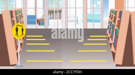 bibliothèque avec des signes de distanciation sociale jaune autocollants épidémie de coronavirus illustration vectorielle horizontale des mesures de protection Illustration de Vecteur