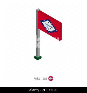 Drapeau de l'état des États-Unis de l'Arkansas sur le mât à dimension isométrique. Fond bleu isométrique. Illustration vectorielle. Illustration de Vecteur