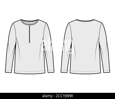 Haut en jersey de coton pour hommes, illustration technique de la mode à manches longues, décolleté rond avec fermeture à glissière, coupe ample. Vêtements d'extérieur plats modèle de chemise avant, arrière de couleur grise. Femmes, unisex CAD Illustration de Vecteur