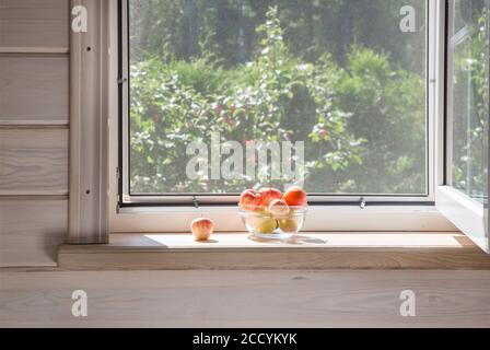 Fenêtre blanche avec moustiquaire dans une maison rustique en bois donnant sur le jardin. Pommes biologiques dans un bol sur le rebord de la fenêtre. Banque D'Images