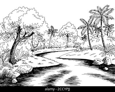 Jungle rivière pluie forêt graphique noir blanc paysage dessin illustration vecteur Illustration de Vecteur