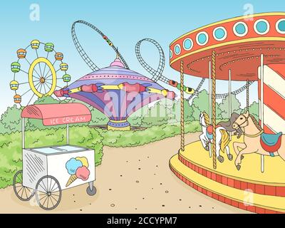 Parc d'attractions paysage graphique couleur esquisse illustration vecteur Illustration de Vecteur