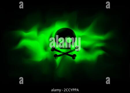 Signe toxique sur fond de brouillard vert infecté. Panneau de danger d'empoisonnement. Une brume dangereuse empoisonnée. La propagation de la fumée attaque les armes biologiques. Sécurité dan Illustration de Vecteur