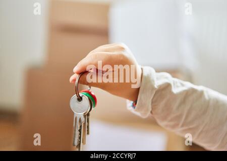 Le tout-petit tient un tas de clés avec beaucoup de clés la main à la maison Banque D'Images