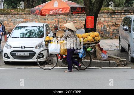 Un commerçant ou un vendeur de rue portant un chapeau conique vietnamien (nón lá) vendant des fruits d'une bicyclette dans une rue animée à Hanoi, Vietnam, Asie du Sud-est Banque D'Images