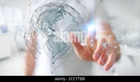 Homme d'affaires sur un arrière-plan flou en utilisant l'interface de carte du monde des Etats-Unis 3D rendu Banque D'Images